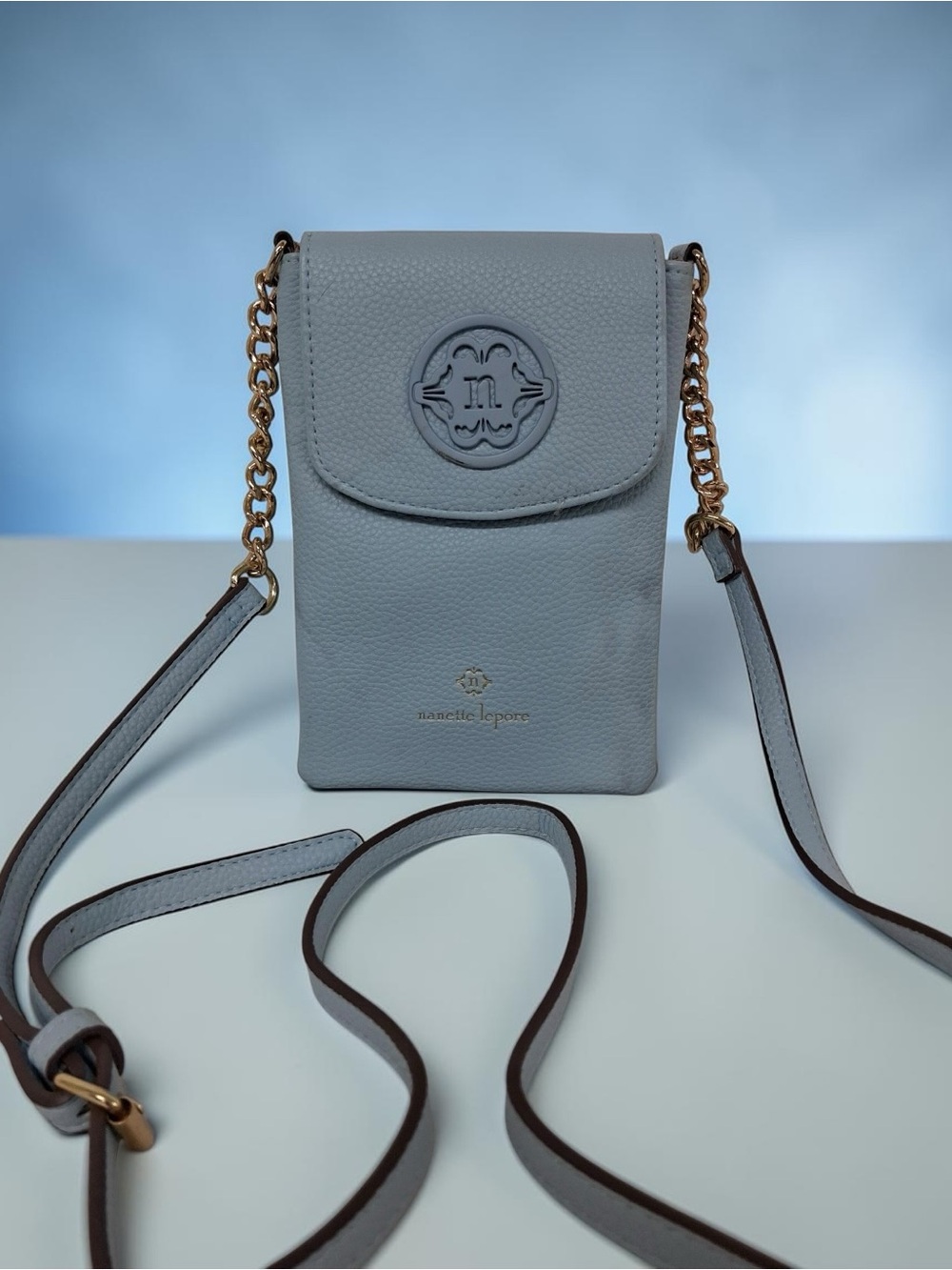 Nanette Lepore Light Blue Crossbody Wallet Bag Gold Chain Strap